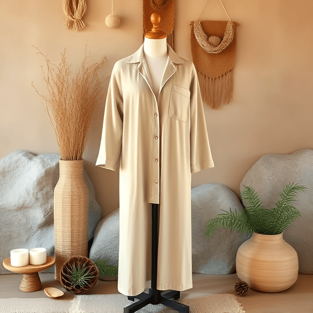 Create a warm and cozy image of bamboo pajamas in a natural earthy color palette The pajamas can be 3719273127
