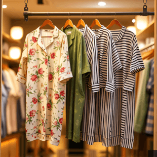 image shows a shop window with a few fashionable bamboo pajamas hanging on a rack The pajamas are in 2424661231