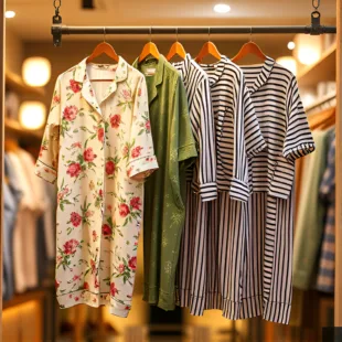 Bambusowa Rewolucja: Dlaczego Piżamy z Bambusa Stają Się Must-Have w Garderobie 5 image shows a shop window with a few fashionable bamboo pajamas hanging on a rack The pajamas are in 2424661231