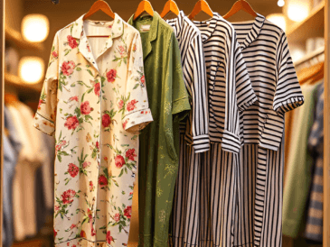 image shows a shop window with a few fashionable bamboo pajamas hanging on a rack The pajamas are in 2424661231