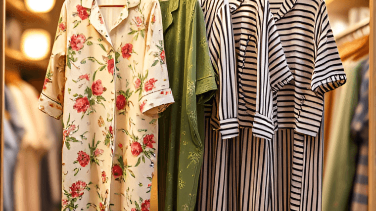 image shows a shop window with a few fashionable bamboo pajamas hanging on a rack The pajamas are in 2424661231