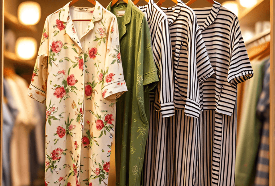 image shows a shop window with a few fashionable bamboo pajamas hanging on a rack The pajamas are in 2424661231