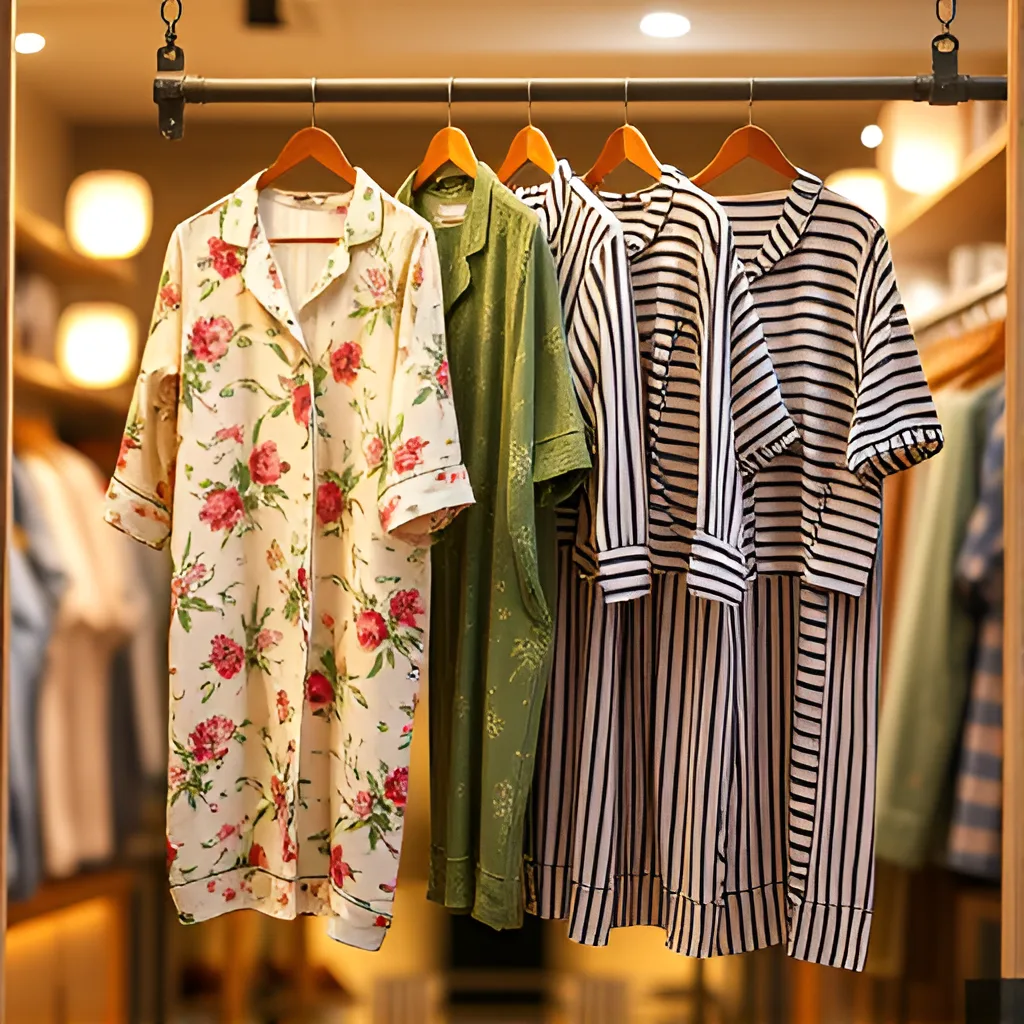 image shows a shop window with a few fashionable bamboo pajamas hanging on a rack The pajamas are in 2424661231