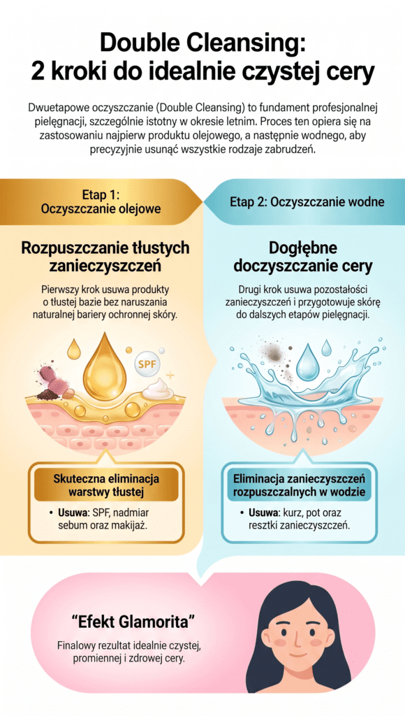 Infografika przedstawiająca dwuetapowe oczyszczanie twarzy latem (metoda double cleansing): krok 1 olej, krok 2 woda.