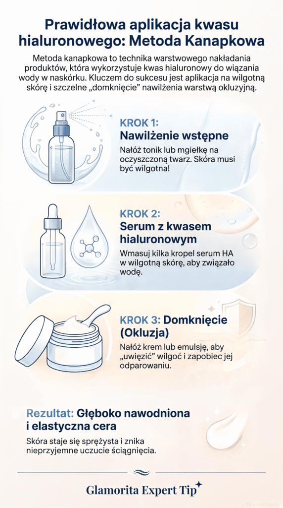 Infografika: Metoda kanapkowa aplikacji kwasu hialuronowego krok po kroku – nawilżanie twarzy latem z Glamorita.