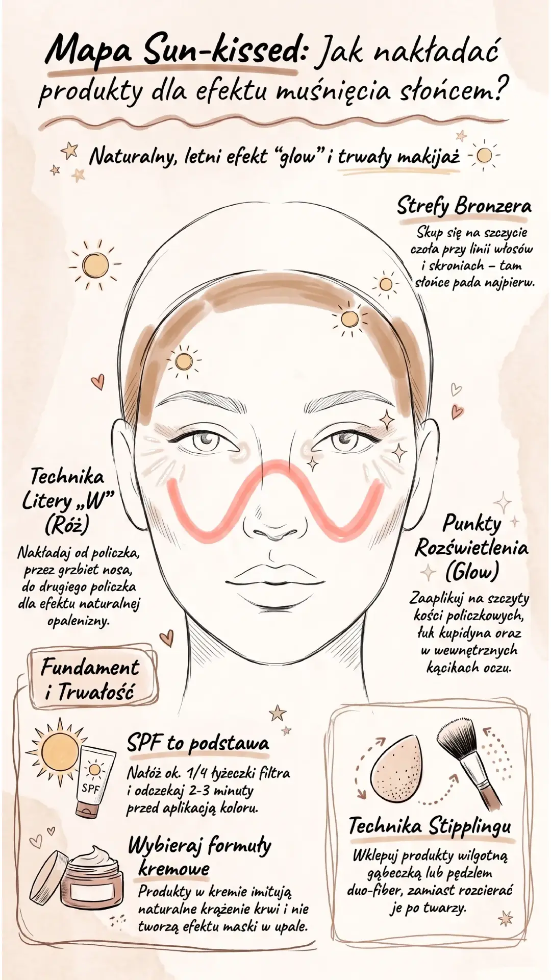 Infografika letni makijaż no makeup - mapa nakładania różu sun-kissed.
