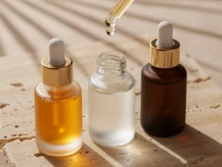 Witamina C, Niacynamid i Retinol latem. Które składniki naprawdę działają, a których należy unikać? 18 Serum z witaminą C, niacynamidem i retinolem na beżowym kamieniu w słońcu – pielęgnacja latem.