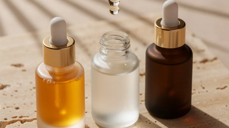 Serum z witaminą C, niacynamidem i retinolem na beżowym kamieniu w słońcu – pielęgnacja latem.