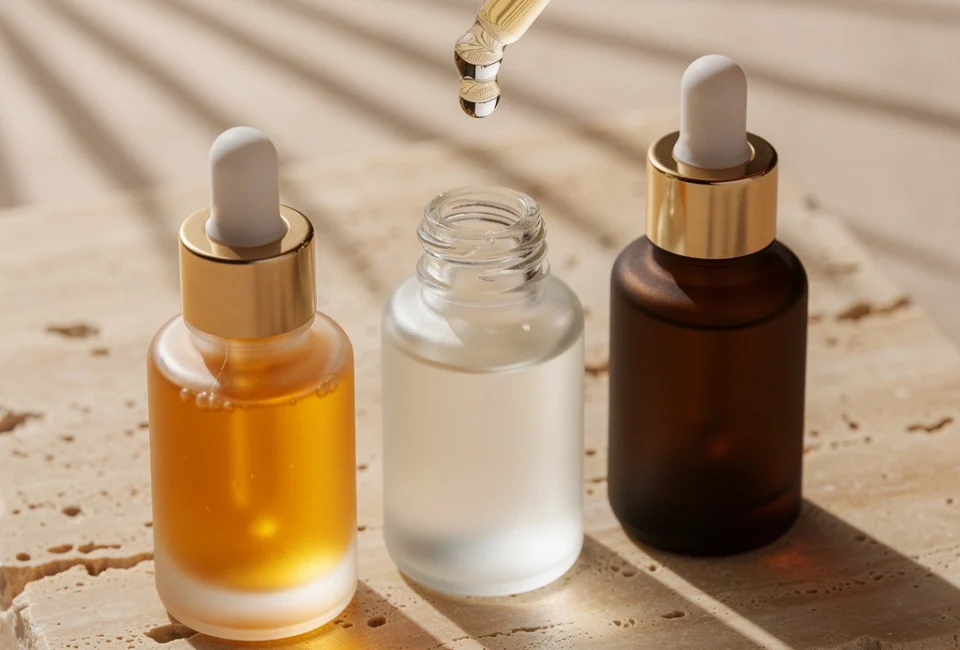 Serum z witaminą C, niacynamidem i retinolem na beżowym kamieniu w słońcu – pielęgnacja latem.