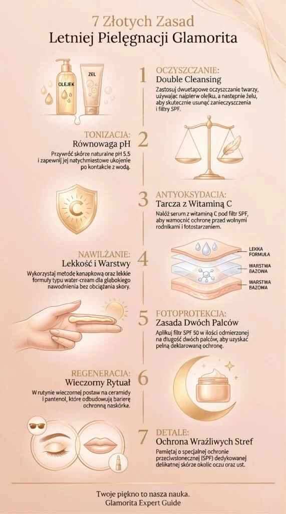 Czy Twoja letnia pielęgnacja faktycznie działa, czy tylko obciąża cerę? ☀️ Poznaj 7 złotych zasad Glamority!
Oto 7 złotych zasad letniej pielęgnacji, które zmieniły moje podejście do codziennej rutyny:
Podwójne oczyszczanie – najpierw olejek, potem żel.
Tonizacja – przywróć skórze idealne pH 5.5.
Antyoksydacja dzięki witaminie C.
Nawilżenie lekkimi formułami dopasowanymi do cery.
Ochrona przeciwsłoneczna zgodna z regułą dwóch palców SPF.
Nocna regeneracja z ceramidami i pantenolem.
Szczególna ochrona newralgicznych miejsc specjalnym SPF.W efekcie skóra staje się nawilżona, chroniona przed szkodliwym działaniem słońca i pełna naturalnego blasku przez całe lato! Prawdziwa magia pielęgnacji oparta na fundamencie zdrowej bariery hydrolipidowej.7 kroków do cery pełnej blasku. Letnia pielęgnacja to nie tylko SPF, to cała filozofia dbania o barierę hydrolipidową. Całe kompendium czeka na Ciebie w linku w bio! ✨ Kliknij w link w naszym BIO @GlamoritaMagazyn, aby przeczytać pełne kompendium! 🔗Podziel się swoimi sposobami na letnią pielęgnację lub pytaj o więcej porad!#LetniaPielęgnacja #GlamoritaTips