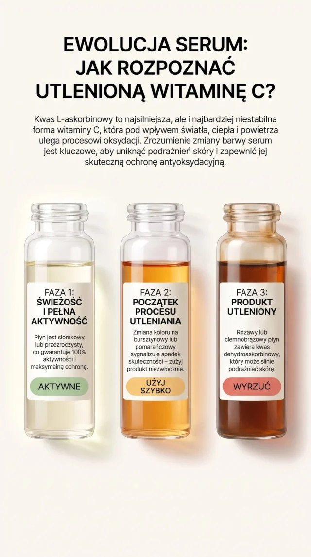 CZY TWOJE SERUM Z WITAMINĄ C WCIĄŻ DZIAŁA, CZY JUŻ SZKODZI? 🍊⚠️Zapisz ten post na później, by mieć tę ściągawkę zawsze pod ręką! 🔖Kwas L-askorbinowy to jeden z najskuteczniejszych antyoksydantów w pielęgnacji, ale bywa niezwykle kapryśny. Pod wpływem światła, powietrza i temperatury ulega procesowi oksydacji.Sprawdź swoją buteleczkę – w której fazie jesteś?1️⃣ Faza 1: Świeżość i pełna aktywność (Kolor słomkowy / przezroczysty)
Kosmetyk ma 100% mocy antyoksydacyjnej. Skutecznie chroni skórę przed fotostarzeniem i dodaje jej blasku.
2️⃣ Faza 2: Początek procesu utleniania (Kolor bursztynowy / pomarańczowy)
Sygnał ostrzegawczy! Serum traci moc. Jeśli chcesz wykorzystać resztki jego potencjału, zużyj je niezwłocznie (warto trzymać je w lodówce).
3️⃣ Faza 3: Produkt utleniony (Rdzawy / ciemnobrązowy)
Czas na pożegnanie. W serum powstał kwas dehydroaskorbinowy – nakładanie go na twarz grozi zatkanymi porami, podrażnieniem i stanem zapalnym.☀️ Jak wpleść witaminę C do letniej rutyny i czy można łączyć ją z niacynamidem oraz retinolem?Cały przewodnik po bezpiecznej pielęgnacji znajdziesz w naszym najnowszym artykule na glamorita.pl!👉 Link czeka na Ciebie w BIO: @glamorita.pl (lub skopiuj: https://glamorita.pl/witamina-c-niacynamid-i-retinol-latem/).
.
.
#glamorita #witaminac #kwasaskorbinowy #serumzwitaminac #swiadomapielegnacja #pielegnacjatwarzy #kosmetyczneporady #barieranhydrolipidowa #kosmetyki #retinol #niacynamid #uroda #pielegnacjaskory